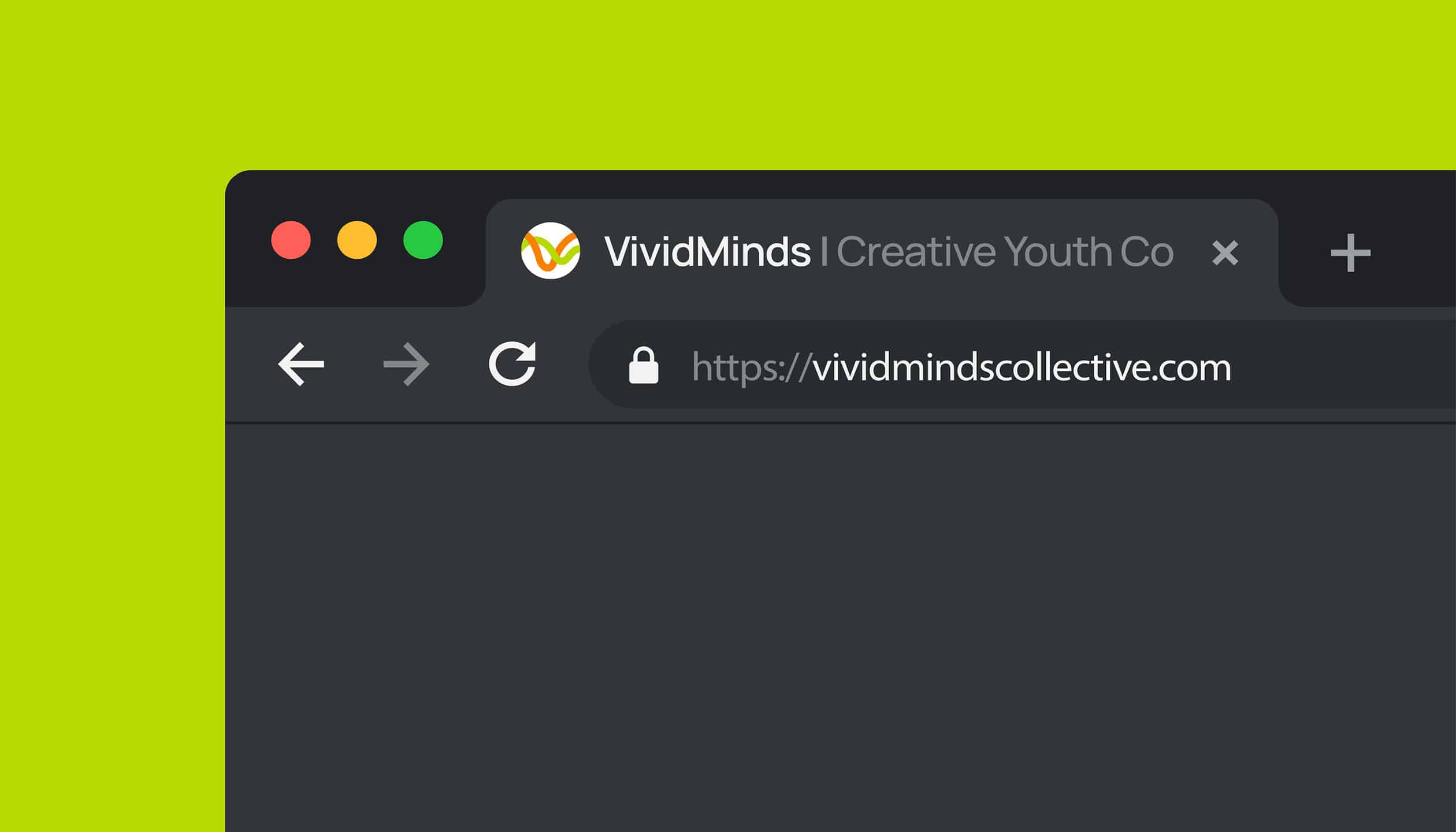 Browser tab showing the Vivid Minds website with title "VividMinds | Creative Youth Co" and URL vividmindscollective.com on a dark interface