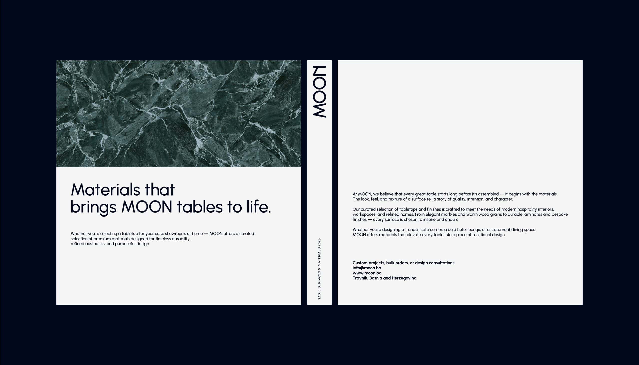 Cover layout of a catalog showcasing table surfaces and materials used in MOON furniture.