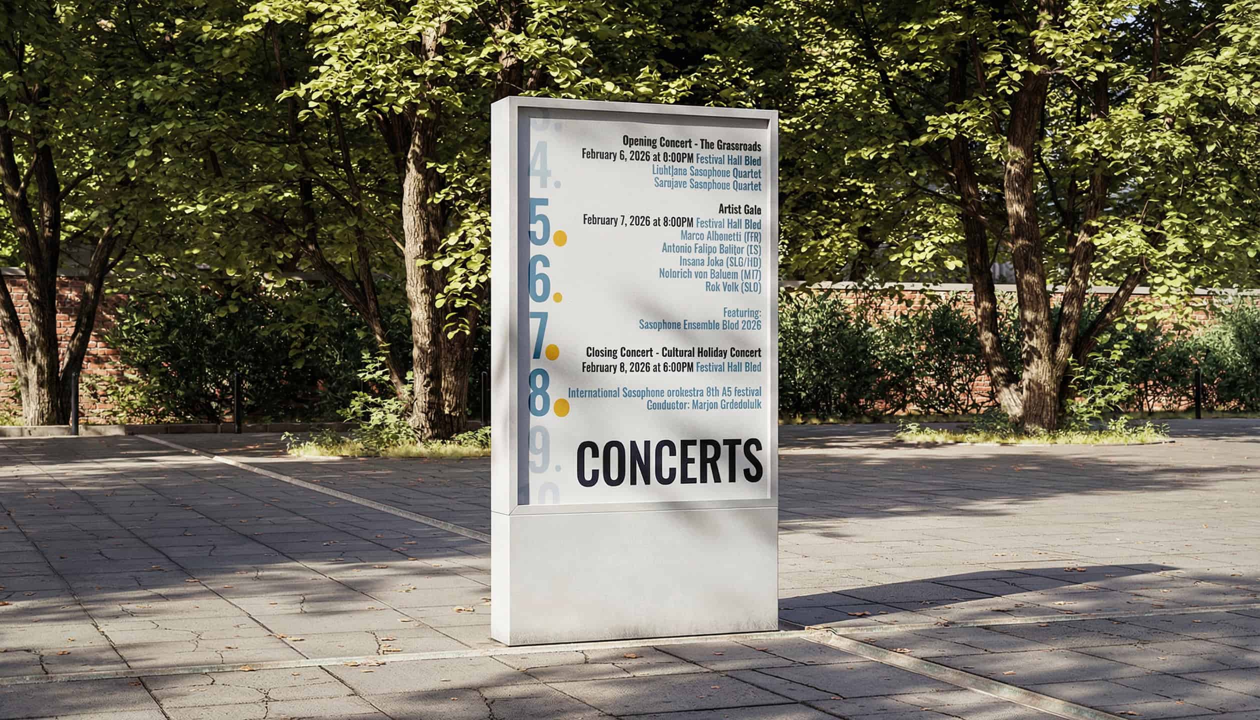 Music festival branding for AS Festival Bled 2026 – outdoor concert poster mockup displayed in a park environment with natural lighting and editorial typography layout.