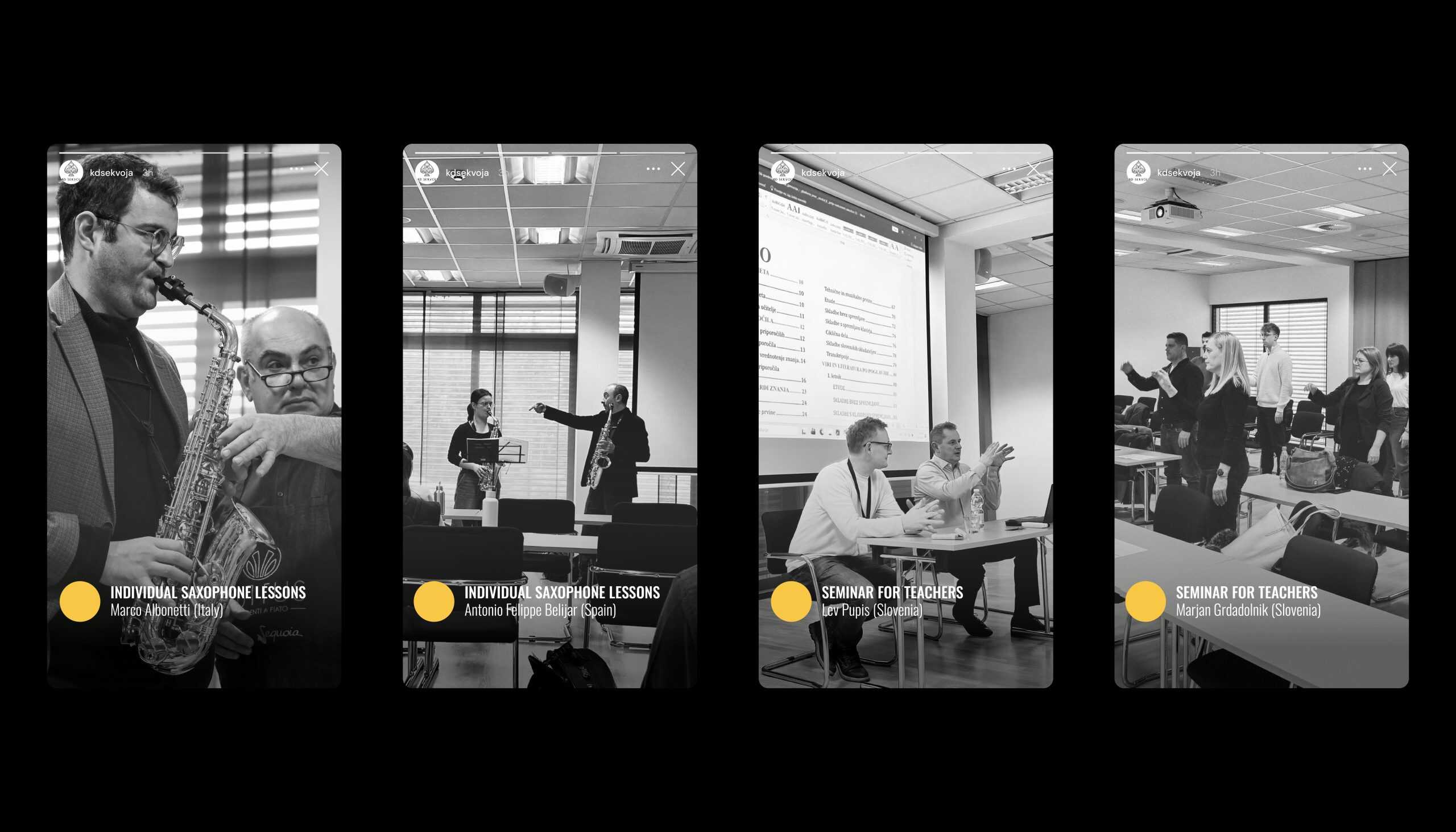 AS Festival Bled 2026 social media story design showcasing individual saxophone lessons and seminar for teachers with international mentors in black and white editorial style.