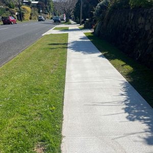 Concrete sidewalk in a residential neighbourhood, outdoor residential walkway, local pavement construction.