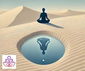 The silhouette of a meditating figure sitting in the desert in front of a small watering hole. The silhouette is reflecting in the water.