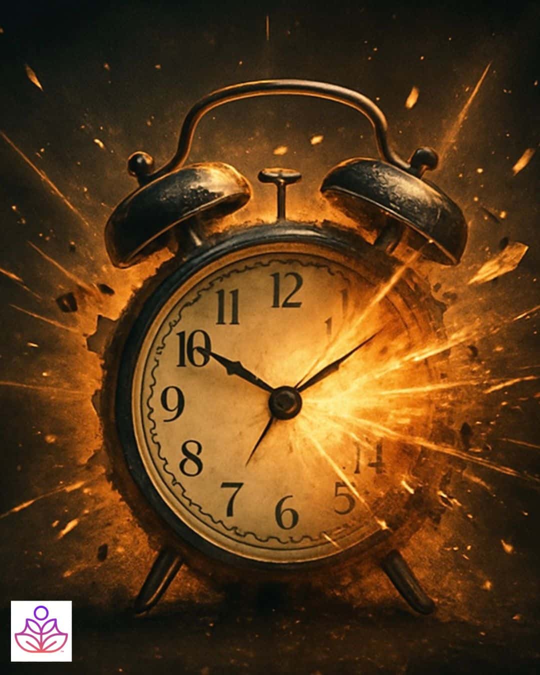 An old-fashioned alarm clock made of glowing light shatters mid-air in a dark, dreamlike space—symbolizing the sound of awakening and the sudden collapse of illusion.