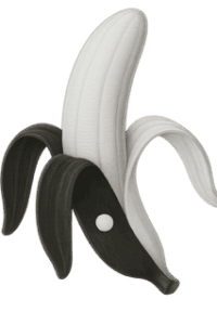 A black and white rendering of a split open banana. The peels are playfully made to resemble the image of the yin/yang symbol.