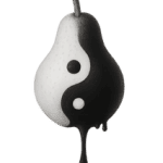 A black and white rendering of a pear, playfully resembling the yin/yang symbol. A drop of black ink dramatically drips down from the bottom.