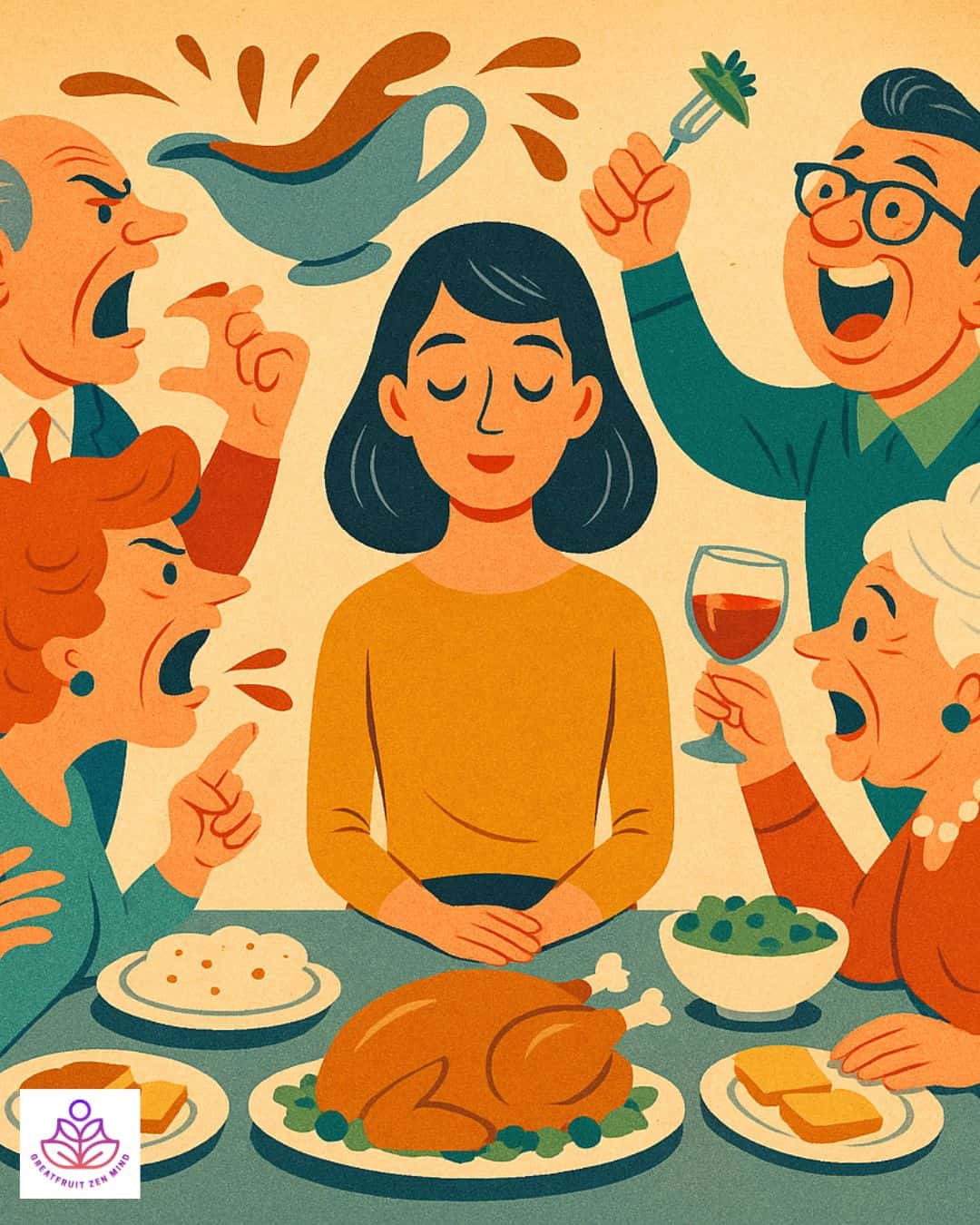 A retro, mid-century-style illustration of a calm woman sitting mindfully at a chaotic Thanksgiving dinner table. Around her, family members are animated and wacky—talking loudly, gesturing wildly, and causing a humorous ruckus—while she remains centered and serene, doing her micro Zen practice, amid the dinner table madness.
