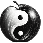 A black and white rendering of an apple playfully resembling the yin/yang symbol.