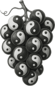 A black and white rendering of a bunch of stemmed grapes, each individual grape playfully resembling the yin/yang symbol.