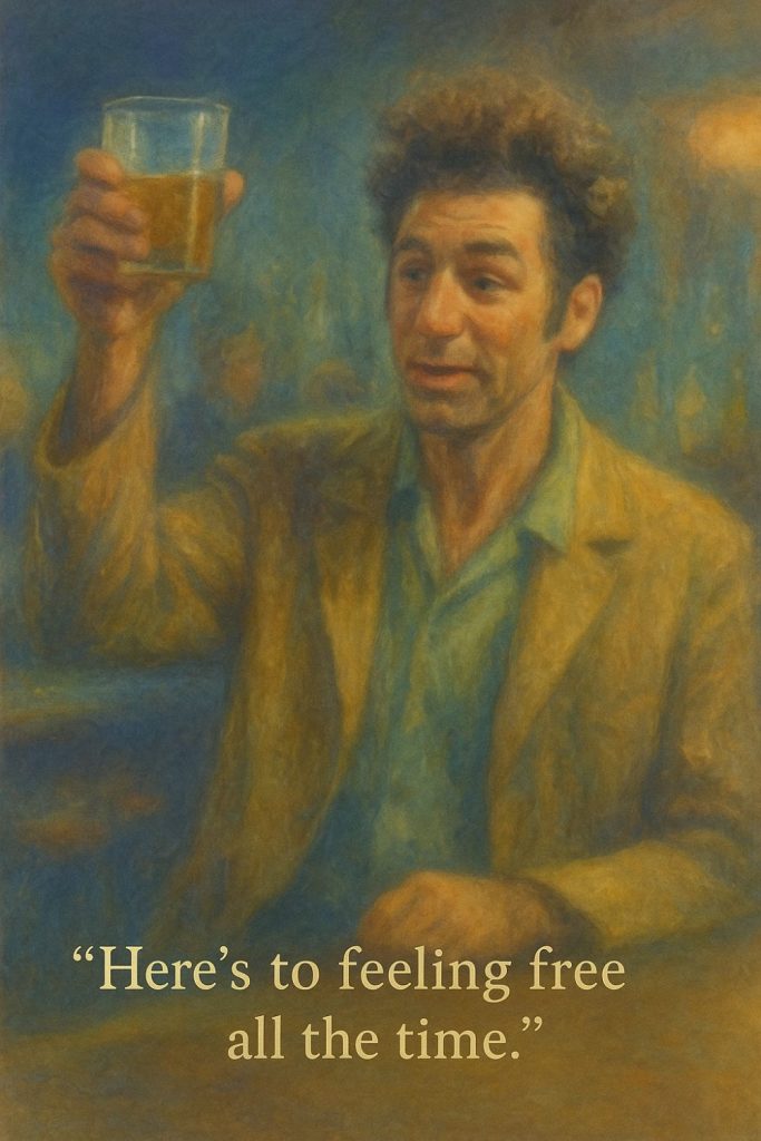 A dreamy watercolor-style painting of Kramer from Seinfeld raising a glass in a dimly lit bar, surrounded by soft earth tones and dusky blues. The scene has a surreal, introspective atmosphere, with a faint glow around him and the caption: “Here’s to feeling free all the time.”