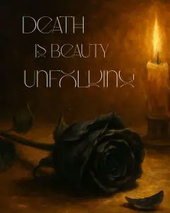 Classic oil painting of a single black rose lying sideways on a dark surface, with one petal falling, illuminated by warm candlelight, symbolizing the gothic atmosphere of season 2 of Wednesday. Text reads: Death is beauty unfolding.