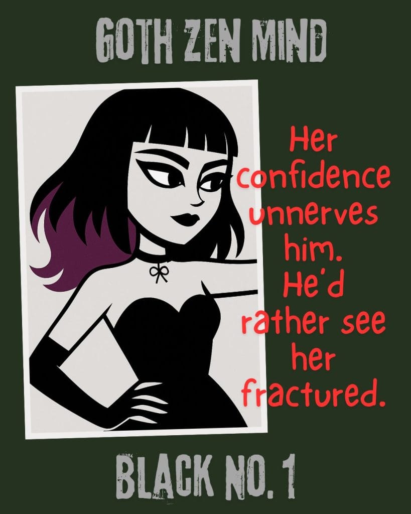 A picture in picture cartoonish rendering of Lenore, Goth Zen Queen. Black dress, gloves and heavy eyeliner. Mid length hair with purple tips. Text reads: Goth Zen Mind. Black No. 1. Her confidence unnerves him. He'd rather see her fractured.