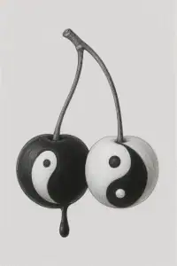 A black and white rendering of two stemmed cherries, playfully resembling the yin/yang symbol. A drop of black ink dramatically drips down from the bottom.