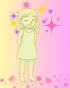 Meet Karma, a minimalistic cartoon young lady in a plain white dress with light hair and eyes closed. Hands innocently held behind her back. Soft, effervescent skin, surrounded by colorful stars and diamonds. Standing on a path of hearts. Text reads: It's not personal... It's Karma.