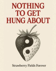 A surreal floating yin-yang strawberry glowing in soft grayscale against a minimal, dreamlike creamy horizon. Text reads: Nothing to get hung about. Strawberry Fields Forever.