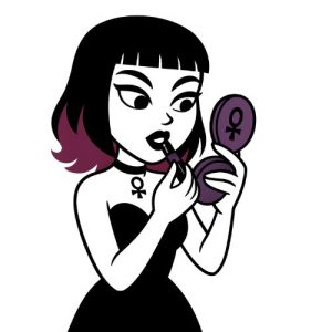 A cartoonish rendering of Lenore, Goth Zen Queen, applying lipstick. Black dress, and heavy eyeliner. Mid length hair with purple tips.