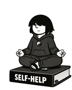 Kay, Zen Master in a Kmart Hoodie, sits on a Self-help book in meditation.