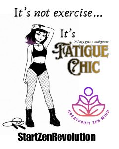 A cartoonish rendering of Lenore, Goth Zen Queen. Black sports top. High-wasted pants with fishnets. Heavy eyeliner. Mid length hair with purple tips. There is a jump rope coiled up beside her. Text reads: It's not exercise... it's fatigue chic. (Misery gets a makeover)