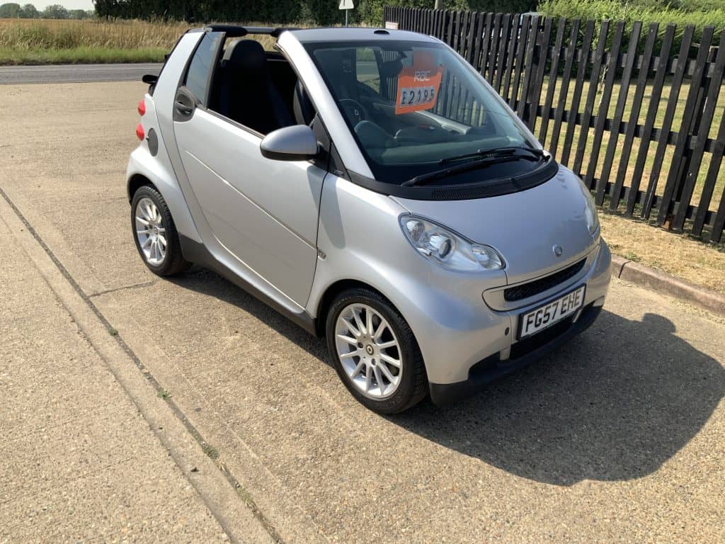 Silver Smart ForTwo convertible car at Greens Garage Suffolk.