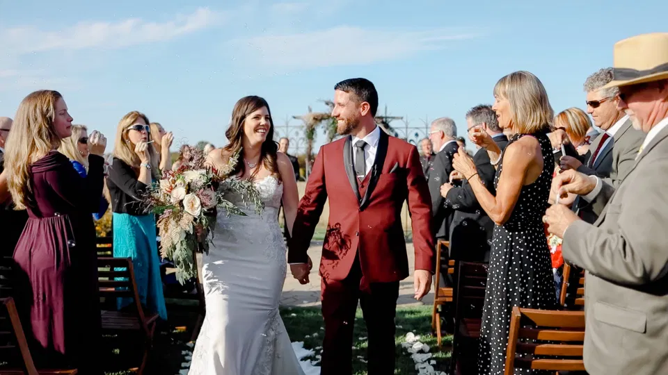 Walking down the Aisle as Husband and Wife - Evermore Wedding and Events - Blue Sky, Fall Wedding. Grey Loft Studio Photography & Videography Ottawa