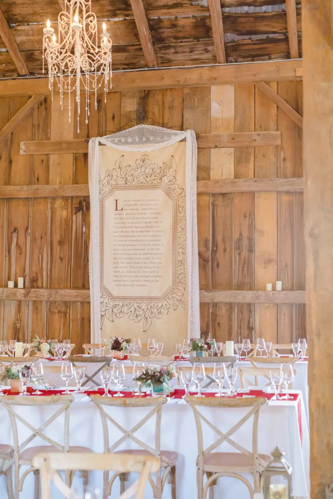 Indoor Heritage Barn at Evermore Wedding's and Events - Almonte - Hanging Chandeliers, Rustic Modern Chairs, White linens. Ruby Red Lovely Wedding at Evermore. 