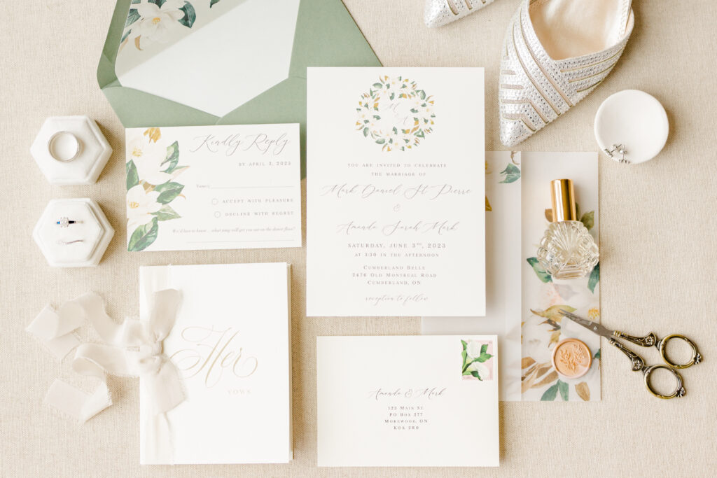 detail photos of the beautiful invite suite for the June Cumberland Belle Wedding