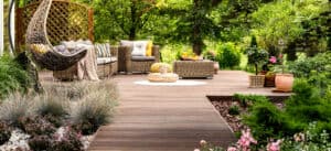 Wooden deck surrounded by nature.