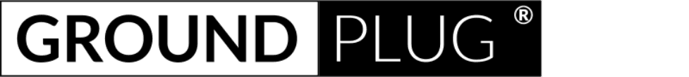 GroundPlug® Easy Mounting SystemTM Logo. The GroundPlug® logo. The word "GROUND" is in bold, black letters on a white rectangular background on the left. The word "PLUG" is in white, outlined letters on a black rectangular background on the right. A registered trademark symbol (®) is in the upper right corner of the black rectangle.