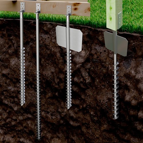 Diagram illustrating various metal ground screws (helical piers) installed in a soil cross-section, demonstrating methods for supporting horizontal wood beams and vertical wood posts.