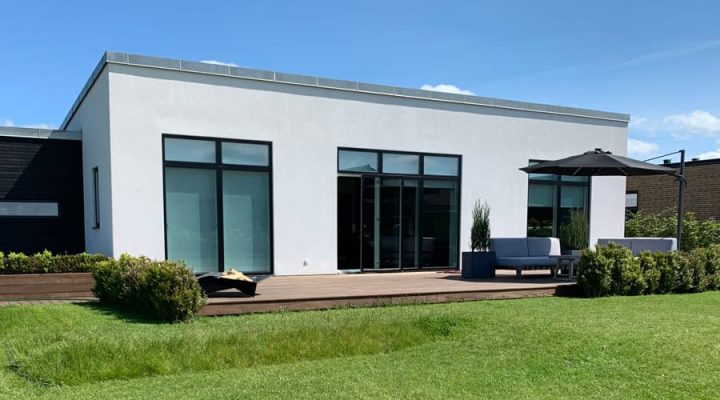 Wooden deck at contemporary house.