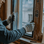 Artisan en train de changer un double vitrage sur une fenêtre en bois