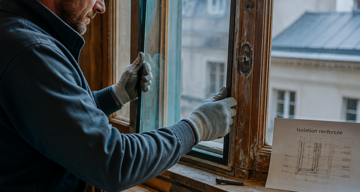 Artisan en train de changer un double vitrage sur une fenêtre en bois