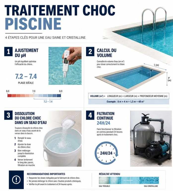 Infographie des étapes du traitement choc piscine pour un dosage chlore choc par m3 réussi
