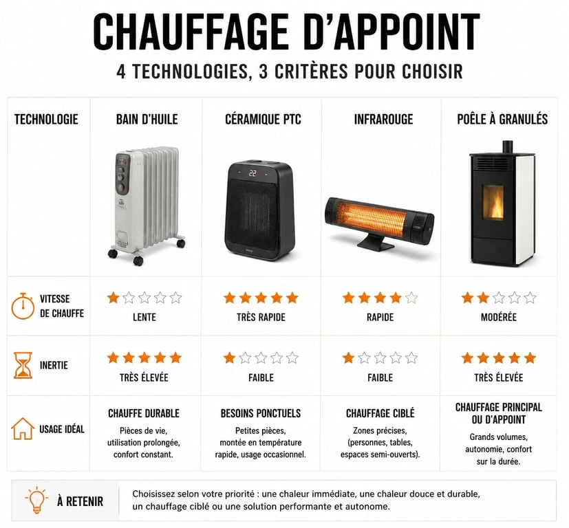 Infographie comparative des technologies de chauffage d'appoint basse consommation