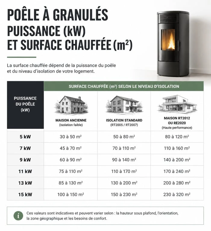 Infographie illustrant la surface chauffée par un poêle à granulés de 8 kW selon l'isolation du logement