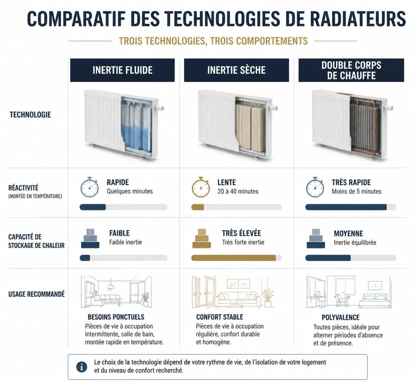 Comparatif des technologies de radiateurs à inertie : fluide, sèche et double corps pour choisir le meilleur radiateur à inertie.