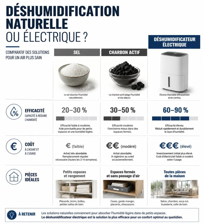 Infographie comparative des méthodes pour déshumidifier une pièce : solutions naturelles versus déshumidificateurs électriques