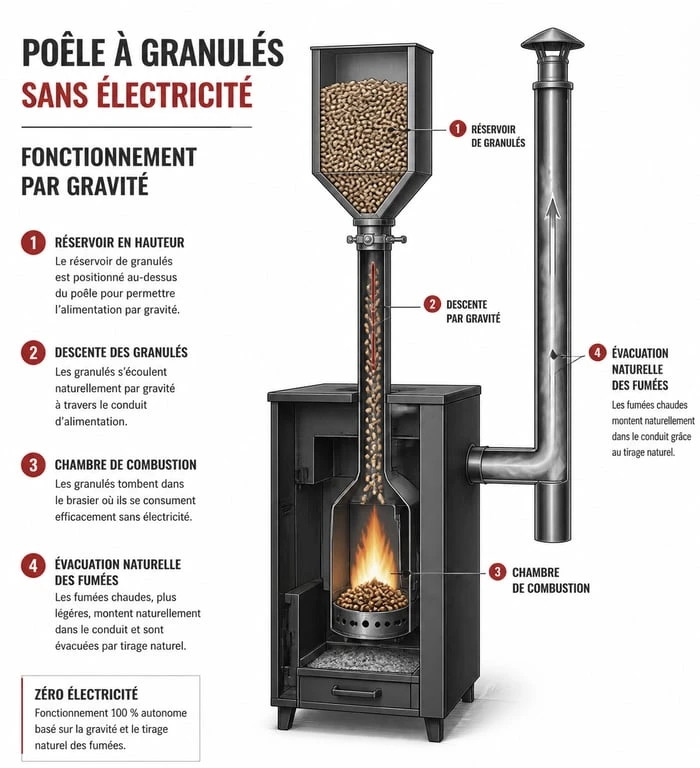 Schéma de fonctionnement d'un poêle à granulés sans électricité par gravité