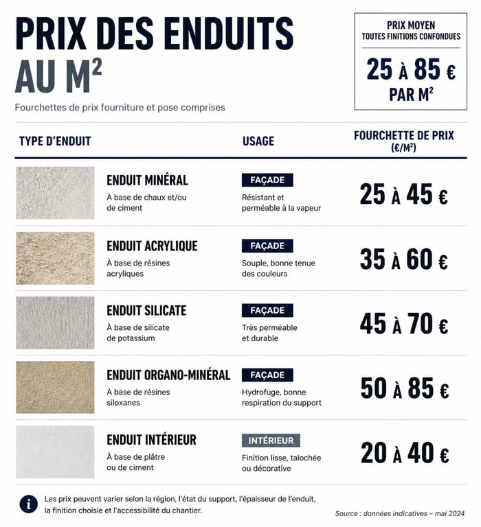 Infographie comparative des prix de l'enduit au m2 pour façade et intérieur