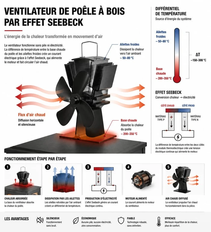 Schéma de fonctionnement d'un ventilateur de poêle à bois par effet Seebeck