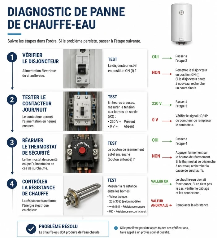 Schéma de diagnostic pour panne de chauffe-eau : pourquoi je n'ai plus d'eau chaude