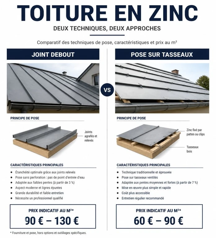 Comparatif des prix et techniques de pose pour un toit en zinc : joint debout vs pose sur tasseaux
