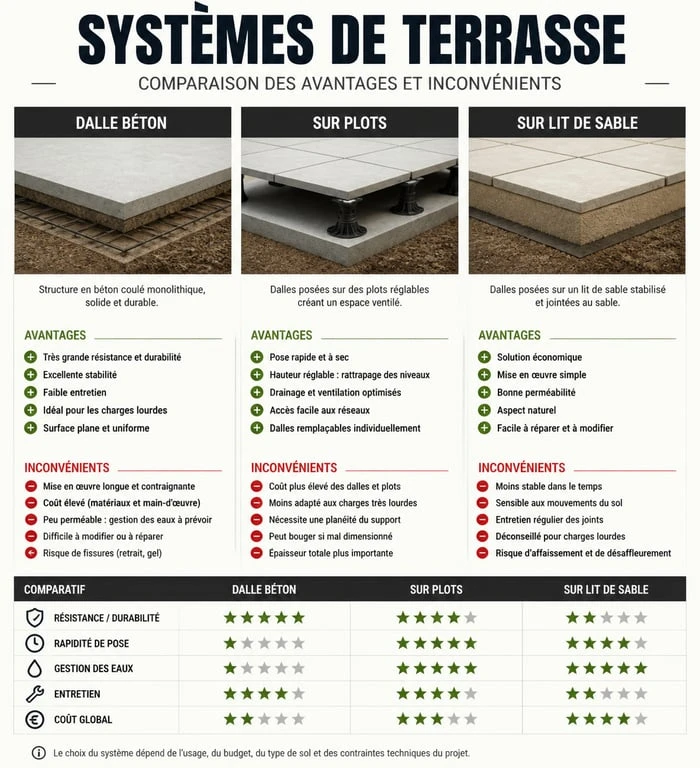 Tableau comparatif des inconvénients d'une terrasse sur plots par rapport aux autres méthodes de construction