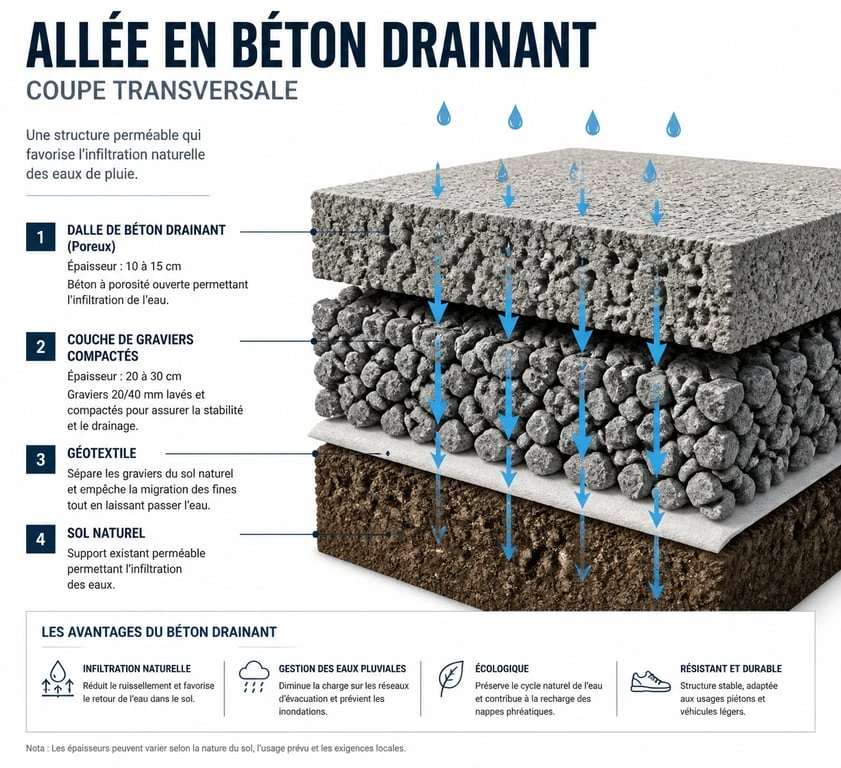 Schéma technique en coupe d'une installation de béton drainant pour allée