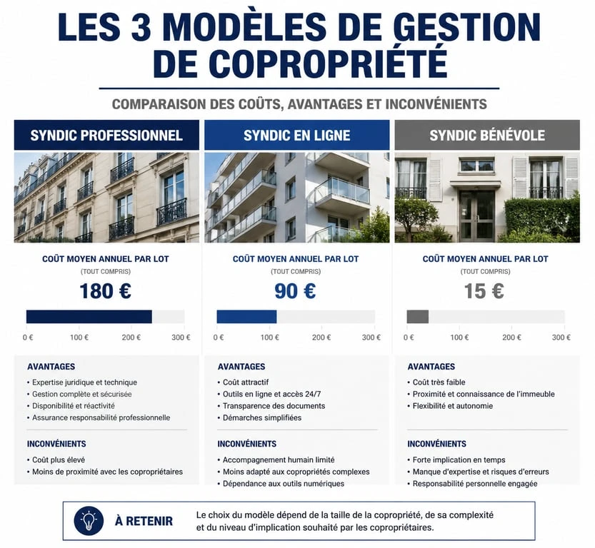 Comparatif des tarifs et services : syndic professionnel, syndic en ligne et syndic bénévole pour petite copropriété