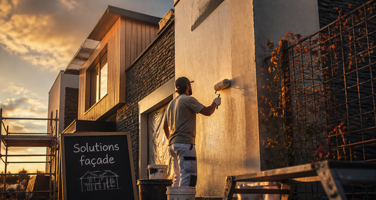 Solutions rénover ou embellir façade, artisan appliquant peinture technique sur façade mixte