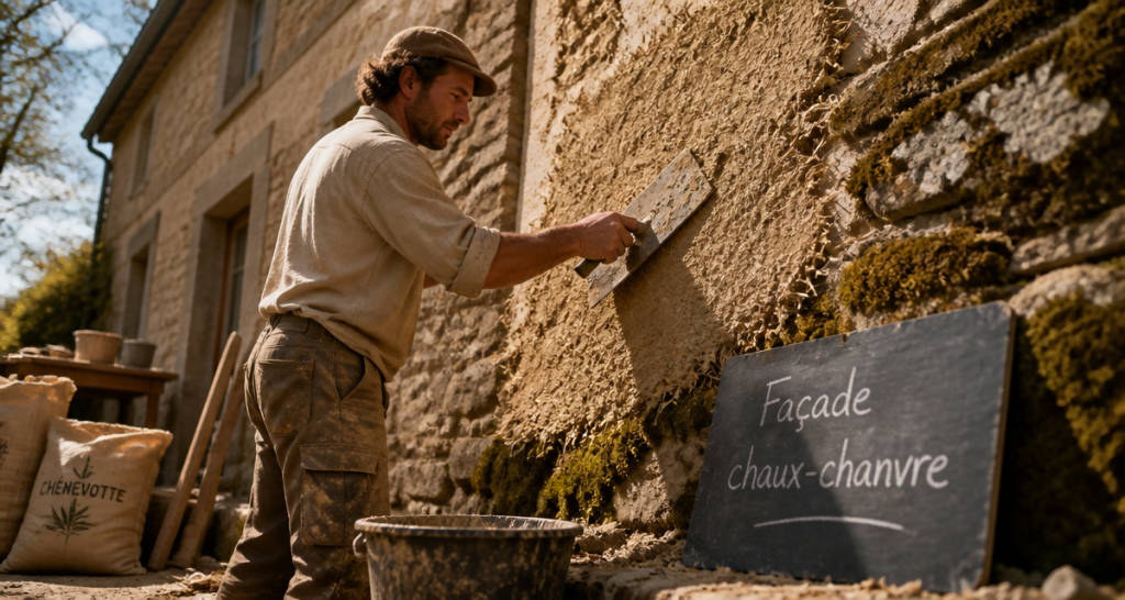 Enduit chaux chanvre exterieur artisan facade pierre