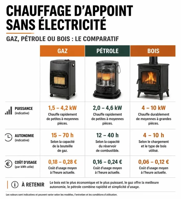 Comparatif des chauffages d'appoint sans électricité : gaz, pétrole et bois pour choisir le meilleur modèle.