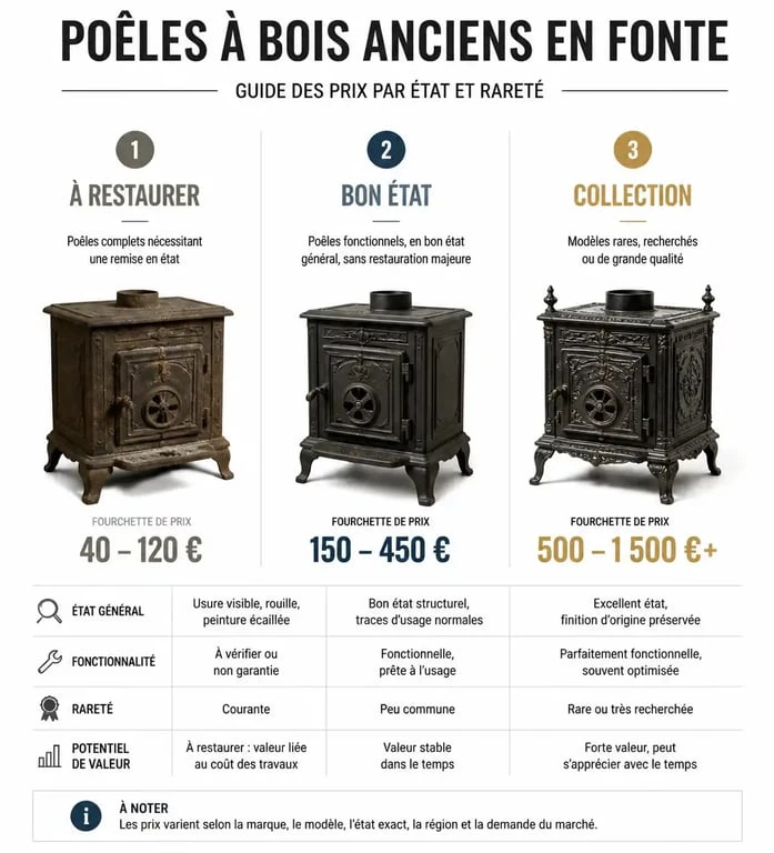 Infographie des prix des poêles à bois anciens en fonte selon l'état de conservation