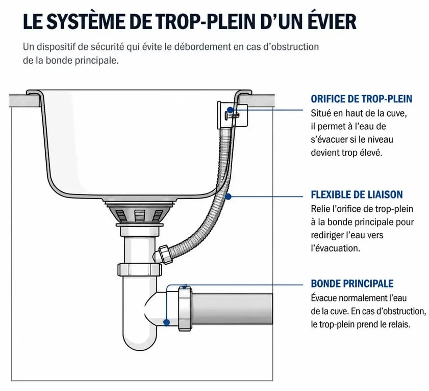 Schéma de fonctionnement du système de trop-plein d'un évier de cuisine