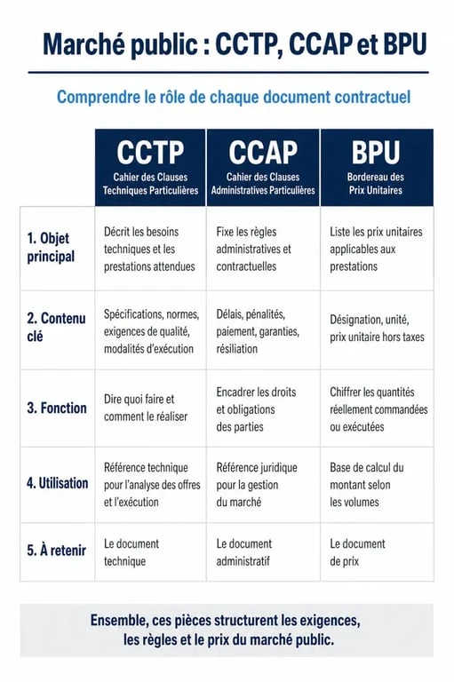 Tableau comparatif des pièces d'un marché public : CCTP, CCAP et BPU